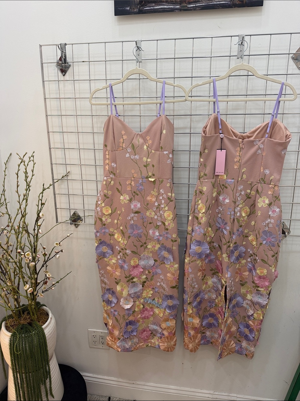 Avec Les Filles Blush 3D Floral Embroidered Midi Dress with Lavender Straps